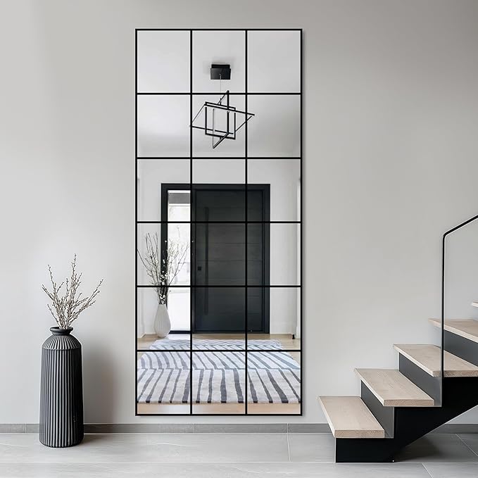 Large Window Pane Full Length Mirror for Wall, 70"x30" Oversize Black Full Body Wall Mirror for Living Room, Bedroom, Entryway, Hanging or Leaning