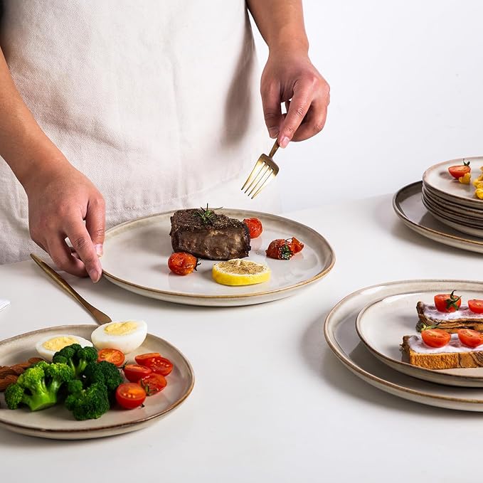 AmorArc Ceramic Plates Set of 6, 8.5 Inch Handmade Reactive Glaze Stoneware Plates set for Dessert, Salad, Appetizer, Dinner, Microwave & Dishwasher Safe, Scratch Resistant-Cappuccino
