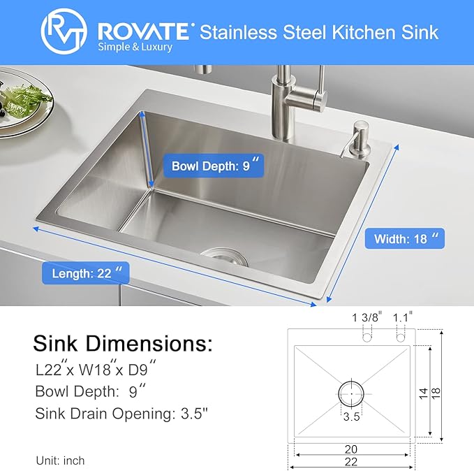ROVATE 22 x 18 inch Drop-in Kitchen Sink Single Bowl, Small Topmount Kitchen Sink, Handmade 304 Stainless Steel Overmount Sinks with Strainer