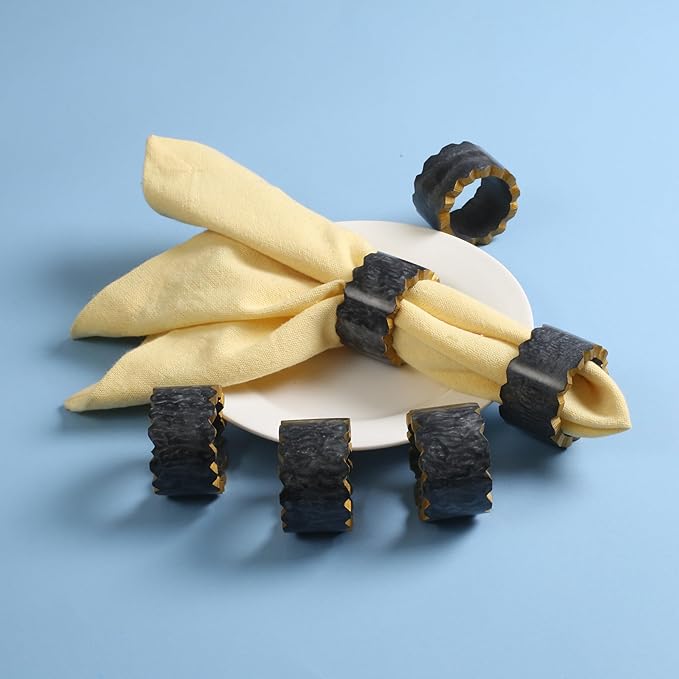 ALPHA Living HOME Epoxy Resin Napkin Rings - 12 Pieces Farmhouse Napkin Rings Holder for Wedding, Banquet, Adornment for Table Settings, Boho Style for Dining Table, Wedding (Black & Cream)
