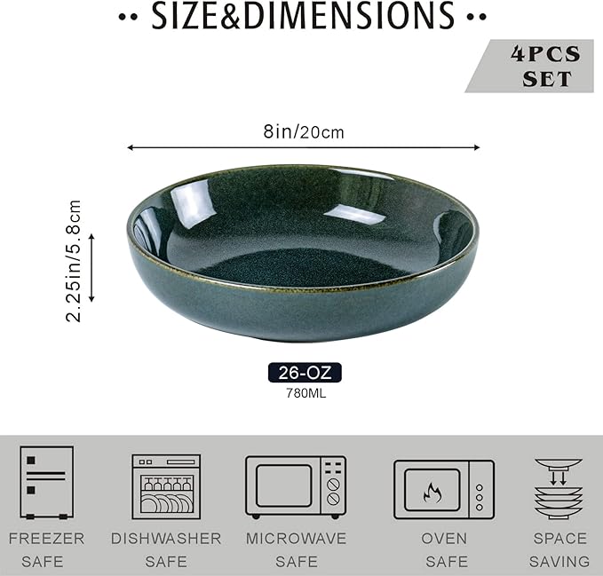 UNICASA Ceramic Pasta and Salad Bowls Set of 4, 26 oz Reactive Glaze Dish Bowls, Microwave and Dishwasher Safe, Olive