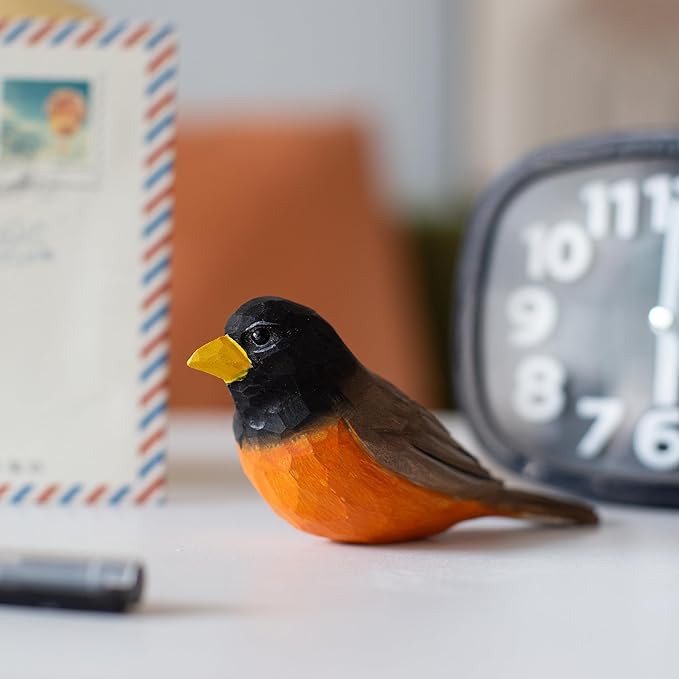 Handmade Wooden Robin Bird Figurine – Songbird Home Decor, Cute Red-Breasted Robin Knick-Knack for Bird Lovers, Unique Gift for Women, Mom, Friends – Rustic Nature Home Ornament