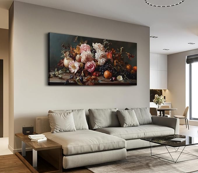 ADJUVANT Wall Art Vintage Floral And Fruit 40" L x 20" W, Peonies With Grapes And Citrus Canvas Painting Prints Graceful Botanic And Fruity Wall Decor for Living Room Bedroom Dining Room Home Office