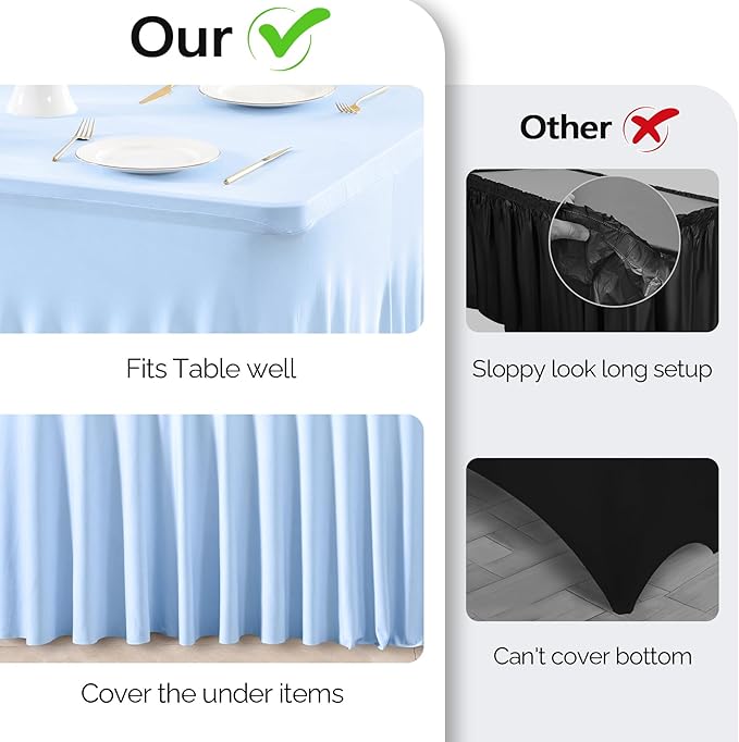 Wish Care 2 Pack Baby Blue Stretch Spandex Table Clothes for 4 Foot Rectangle Tables, 4FT Wrinkle Free Fitted Tablecloths Ruffles Design Table Cover for Party, Banquet, Wedding and Events