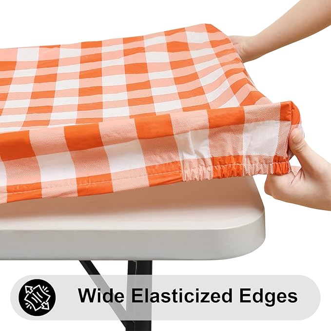 Smiry Rectangle Picnic Table Cloth, Elastic Waterproof Fitted Vinyl Tablecloths, Flannel Backed Buffalo Plaid Table Covers for Dining, Camping, Outdoor, Thanksgiving (White and Orange, 30" x 48")
