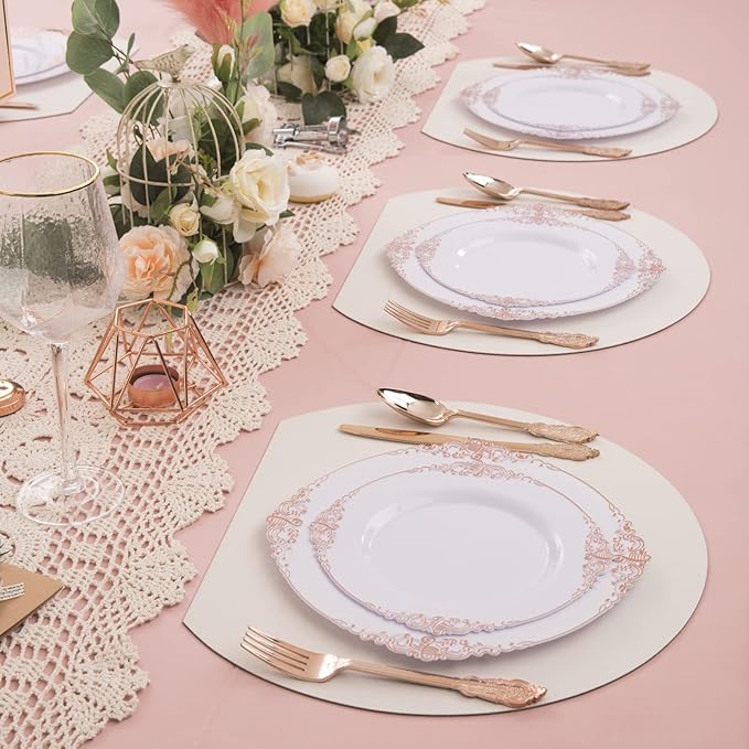 Morejoy 100pcs Plastic Plates - Disposable - 7.5 inch White and Rose Gold Dessert Plates for Weddings & Parties & Shower