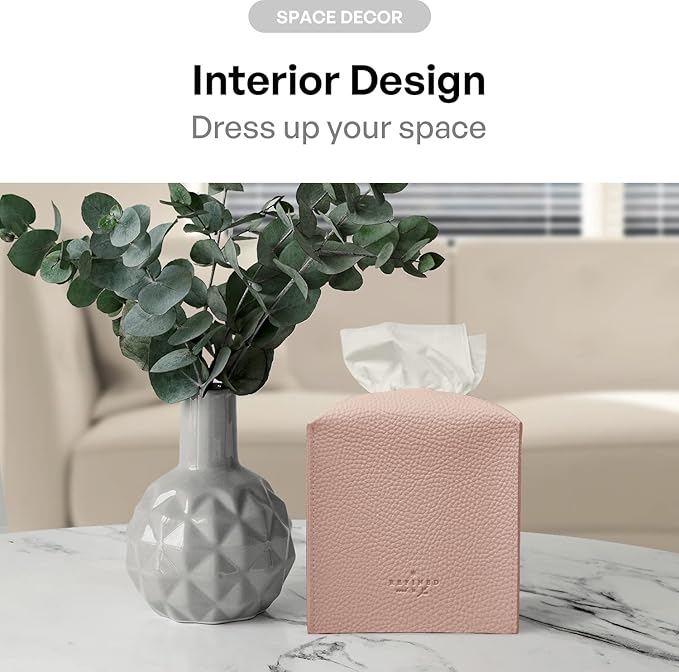 Carrotez Tissue Box Cover, [Refined] Modern PU Leather Square Tissue Box Holder - Decorative Holder/Organizer for Bathroom Vanity Countertop, Night Stands, Office Desk & Car 5"X5"X5" - Rose Pink