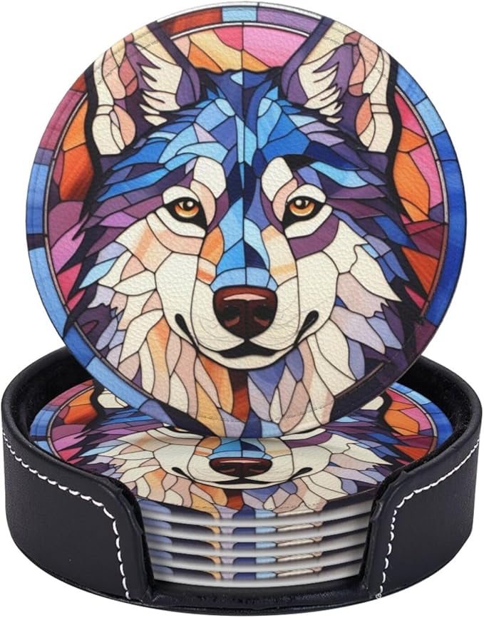 Drink Coaster Set of 6, Siberian Husky Dog Mom Lover Gift,Leather Drink Coasters with Holder,6 Pack Cup/Bar/Drink Coasters for Table/Drinks/Coffee Protection Housewarming Gift
