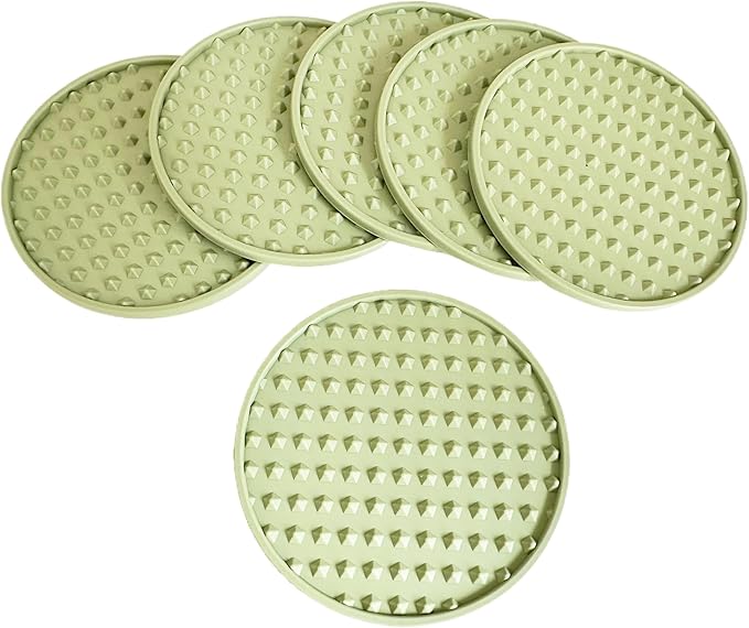 Set of 6 Silicone Coasters, 4'' Drink Coaster with Holder, Round Coasters for Drinks Beer Coffee Home Office Bar Desk Tabletop Protection, Non-Slip Rubber Coaster (Green, 6 Pcs-Plastic Holder)