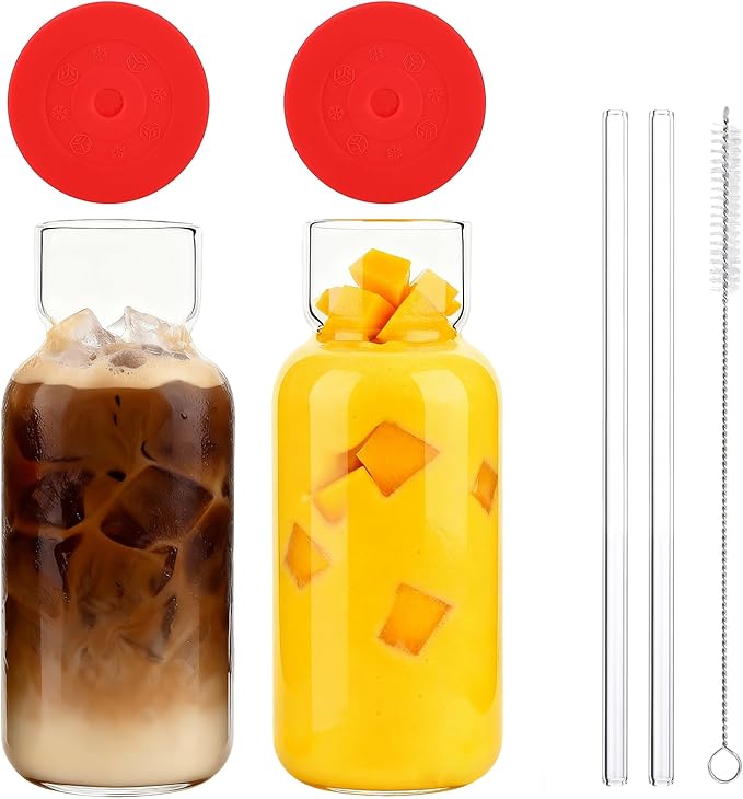 Glass Cup with Silicone Lid and Straw, 23 Oz Drinking Glasses Water Bottle Vintage Glassware for Iced Coffee, Juice, Cocktails, Whisky Tumbler for Gift 2 Pack