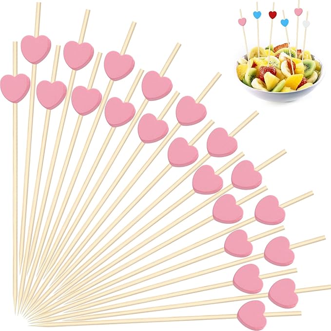 240 PCS Pink Love Heart Shaped Cocktail Picks, 4.7Inch Bamboo Fancy Toothpicks for Appetizers, Cocktail Skewers Sticks Selected for Weddings, Valentines Day, Desserts, Charcuterie, Food, Drinks