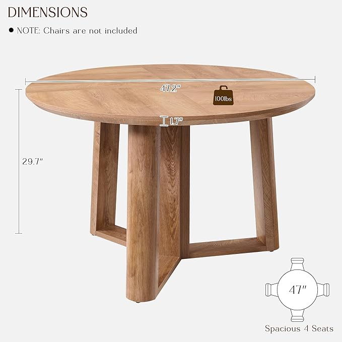 OKD 47" Dining Table for 4-6, Round Dining Room Table with Triangular Structure Pedestal Stable Base, Curved Table Edge, Circle Kitchen Tables for Dining Room, Kitchen, Light Tree Knot