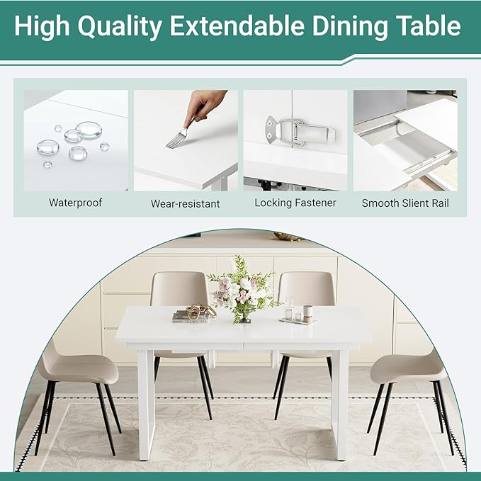 White Dining Table Set for 6, 55"-71" Extendable Dining Room Table Set for 6, Modern Kitchen Table with 6 Upholstered Chairs, Space-Saving for Dining Room Apartment, Easy Assembly