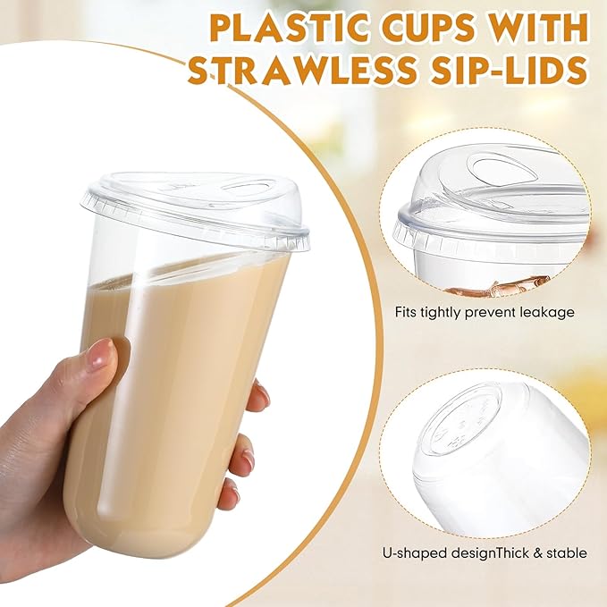 Baderke 100 Pcs Plastic Cups with Sip Lids Round Bottom Disposable Plastic Coffee Cups with Lids Clear Strawless Crystal Mugs for Iced Coffee Smoothie Cold Beverage Party Catering Supplies (18 oz)