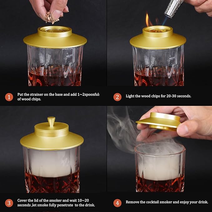 Cocktail Smoker Kit, AOKE Golden Metallic Whiskey Smoker Kit with 4 Flavors Wood Chips for Whiskey and Bourbon, Old Fashioned Smoker kit for Enhancing Drink Flavors, Whiskey Gifts for Men (no Torch)