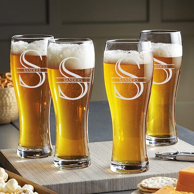 Froolu Customized Gifts for Men - Personalized Beer Glass Set w Engraved Coasters - Monogram Etched Pilsner Glasses Great for Family Home Bar - Valentine's, Housewarming, Christmas & More.