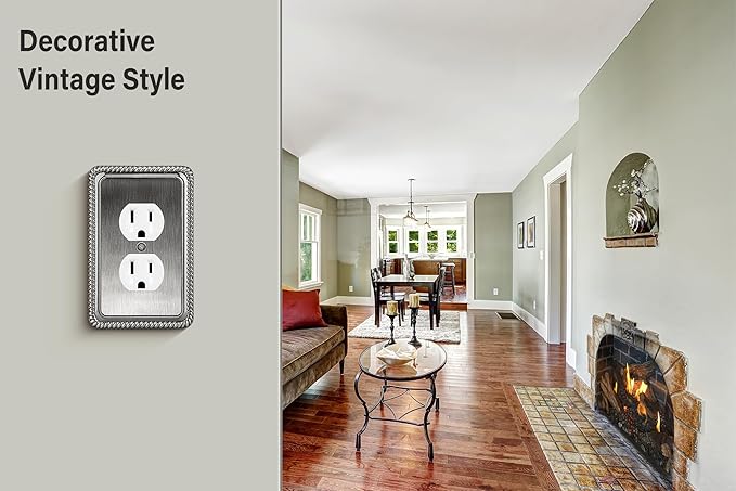 Henne Bery Rope Edge Decorative Wall Plate Switch Plate Outlet Cover (Single Duplex, 2 Pack, Heirloom Silver)