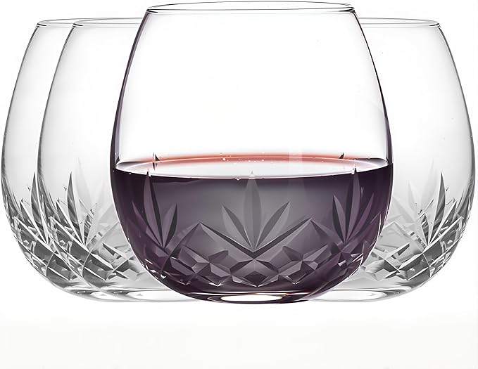 SHOSHIN Hand-Cut Stemless Wine Glasses – Hand Made Lead-Free Crystal Glass (15 Oz, Set of 4) – Ideal Gift