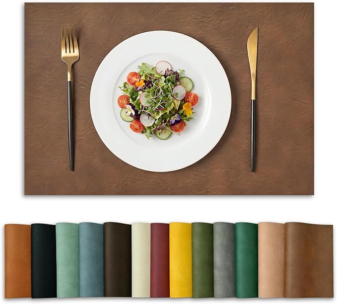 Artoid Mode Brown Faux Leather Placemats Set of 4, 12x18 Inch Waterproof Wipeable Heat Resistant Vinyl Place Mats, Reversible Table Mats for Kitchen Dining Decor