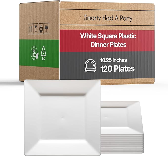 Smarty Had A Party 120 Elegant Disposable Plastic Dinnerware, 10.25" Heavy Duty Fancy Square White Plates for Parties and Events, Durable Supplies for All Occasions