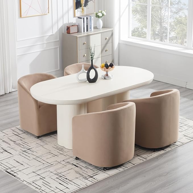 Modern Barrel Dining Chairs with Rolling Casters Set of 4, Upholstered Velvet Swivel Dining Room Chairs with Wheels for Kitchen Living Room Home Office, Khaki