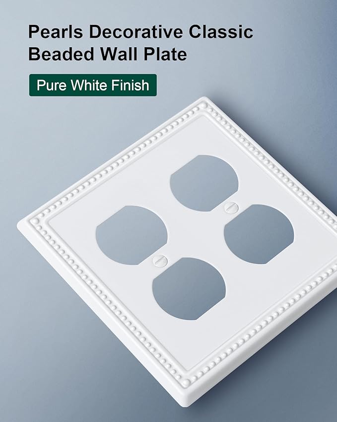 2-Pack Double Duplex Outlet Cover, Metal Switch Plates and Outlet Covers, Pure White Pearls Decorative Wall Plates for Electrical Outlets, 2 Gang Receptacle Cover, Corrosion Resistant
