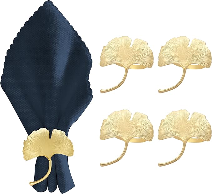 Decozen Set of 4 Gold Napkin Rings in Leaf Design, Festive, Table Decor Setting for Holiday, Wedding, Birthday, Kitchen, Home Decor, Housewarming Gift - Mothers Day Decorations