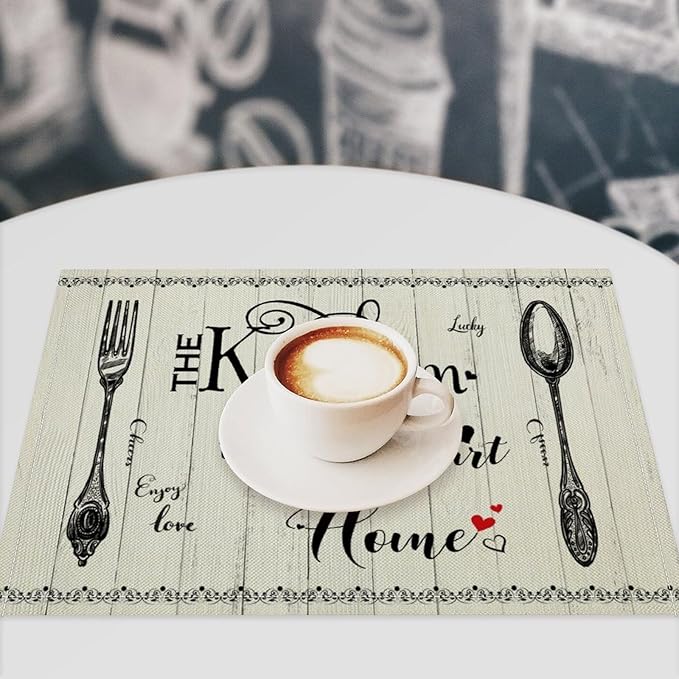 Retro Farmhouse Placemat Set, Minimal Black White Rustic Plank Art Sketch Cutlery Knife Fork Inspirational Quotes Pattern Home Decor Linen Table Mats for Dining Room Kitchen Party (17x12in) x2P