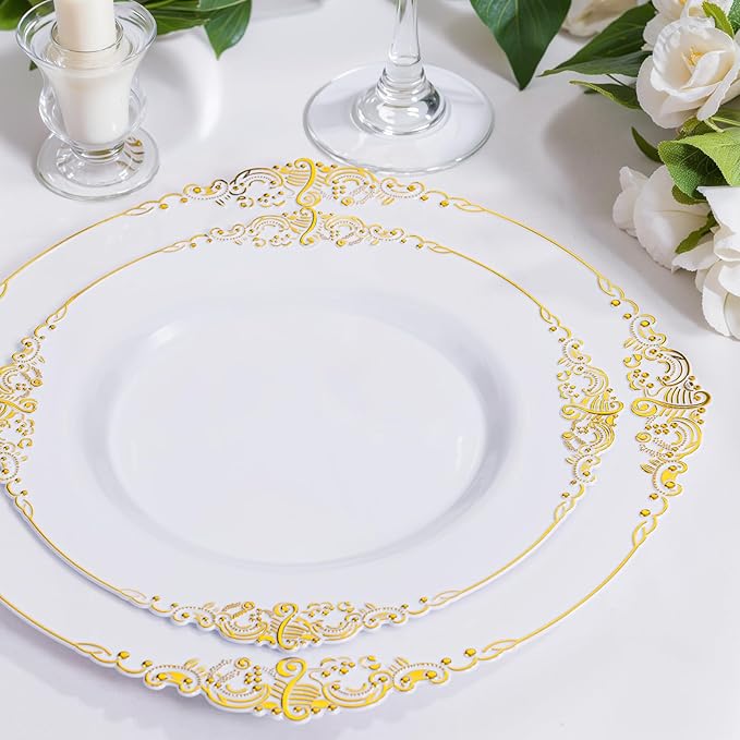 Nervure 100Pcs White and Gold Plastic Plates - 7.5inch Gold Disposable Plates - Heavyweight Plastic Dessert Plate for Wedding & Party