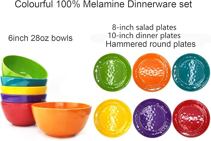 KX-WARE Melamine Plates set -10inch 6pcs 100% Melamine Dinner Plates for Everyday Use, Break-resistant and Lightweight, MultiColor