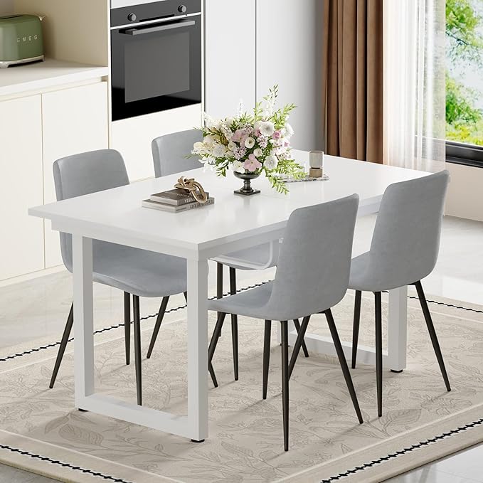 Extendable Dining Table Set for 4, 55"–71" Modern White Kitchen Table with 4 Upholstered Chairs, Space-Saving for Living Room Apartment, Sturdy & Comfortable, Easy Assembly