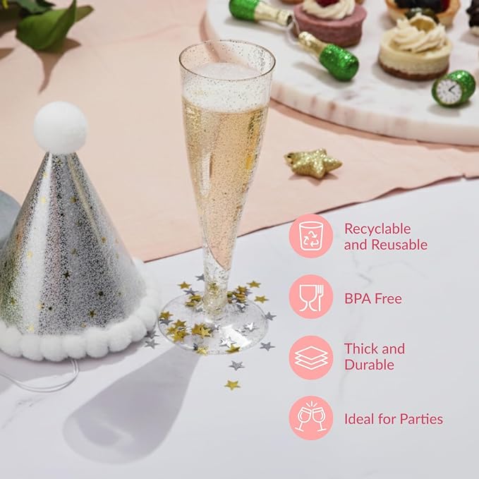 Prestee 100 Gold Plastic Champagne Flutes - 4.5 oz Disposable Champagne Glasses for Toasting at Weddings, Mimosas, Cocktails, Great Gatsby Party Decorations, and Events