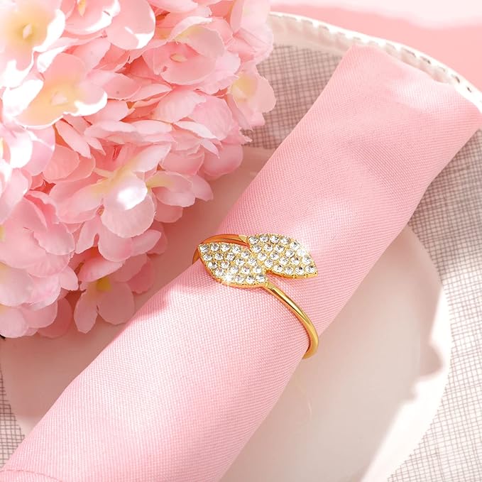 Hotop 48 Pcs Valentine's Day Napkin Rings Gold Table Decorations, Elegant Bling Leaves Napkin Rings, Rhinestone Guest Towels Buckle for Holiday Gather Party, Wedding Dinner Banquet Table Decoration