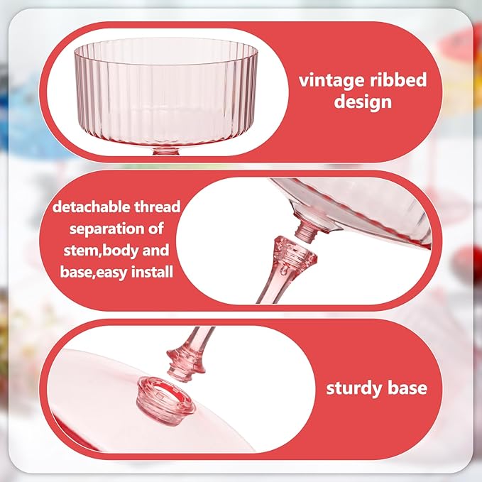 12 Pcs Ribbed Martini Glasses 10 oz Disposable Plastic Vintage Ribbed Coupe Glasses Unbreakable Dessert Parfait Glassware for Wedding Birthday Party Supplies (Pink)