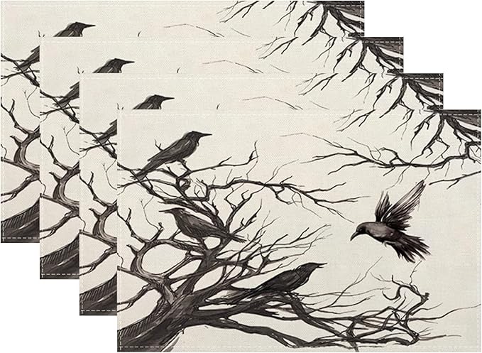 Halloween Placemats 12x18 Inches Set of 4,Black Crows Decorative Rectangle Autumn Halloween Decoration Fall Linen Black Table Mats for Party,Home Kitchen,Dining Table Decorn