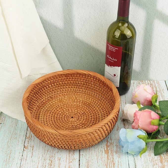 2 pack 9 inch Round Rattan Keys Basket Bowl for Organizing, Tabletop Wicker Organizer Basket Entryway, Hand-woven Rattan Storage Basket for Keys, Wallet, Cell Phone