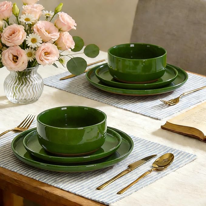 GZG Modern Art Series - 12 Pcs Speckled Stoneware Plates and Bowls Sets, Ceramic Dinnerware Set with Rustic Terracotta Underside, Microwave and Dishwasher Safe Handcrafted Dishes Set - Verdant Green