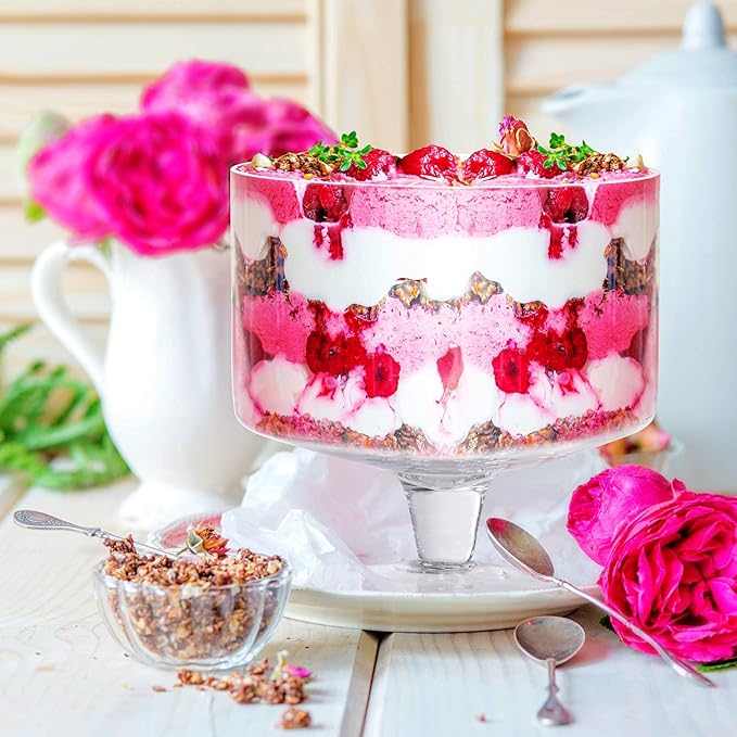CREATIVELAND Trifle bowl Glass Crystal-Clear Set of 1, 116oz(3.3L), Footed Trifle Bowl with Stand, Trifle dish for decadent dessert like salad, fruit, ice cream, parfait, pudding, Party Bowl