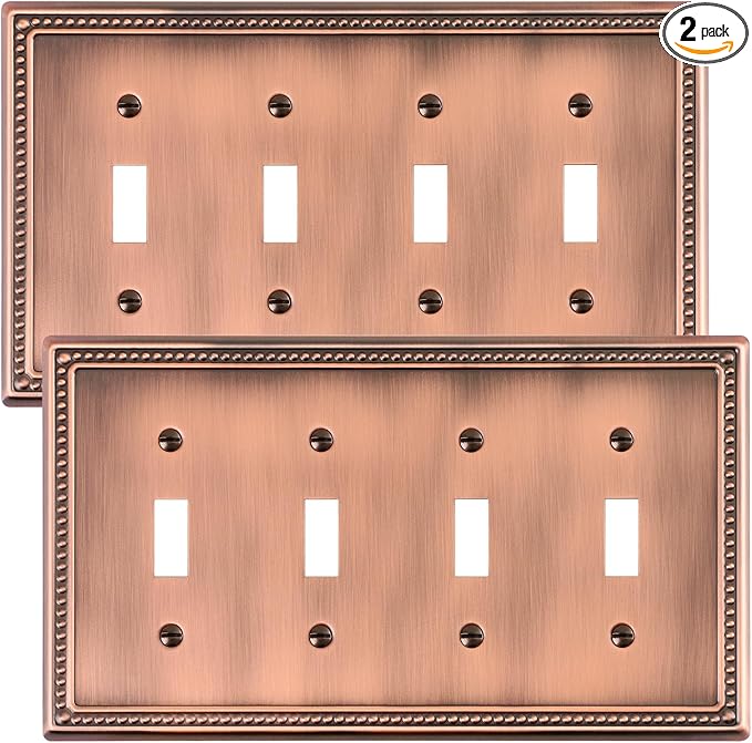 2-Pack Quad Toggle Light Switch Cover Plate, 4 Gang Metal Switch Plate Covers, Antique Copper Pearls Decorative Wall Plate, Corrosion Resistant