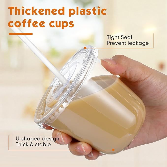 50 Sets Clear Plastic Cups with Lids and Straws, Disposable Iced Coffee Cups Drinking PET for Cold Drinks, Juice, Smoothie, Coffee Shops, Party, Christmas (Clear,10 oz)