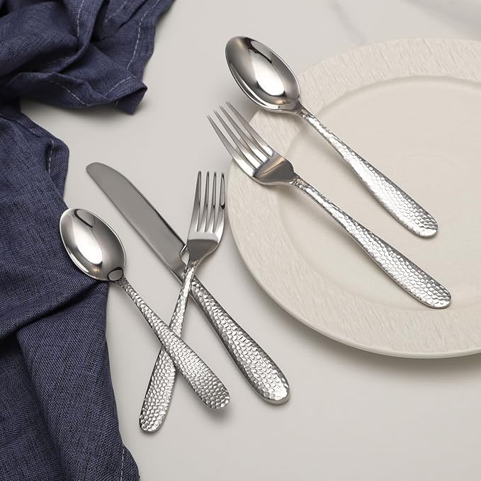 Hammered Silverware Set, 40 Piece Stainless Steel Heavy Duty Flatware Set for 8, Food-Grade Tableware Cutlery Set for Home Restaurant, Mirror Polished, Dishwasher Safe