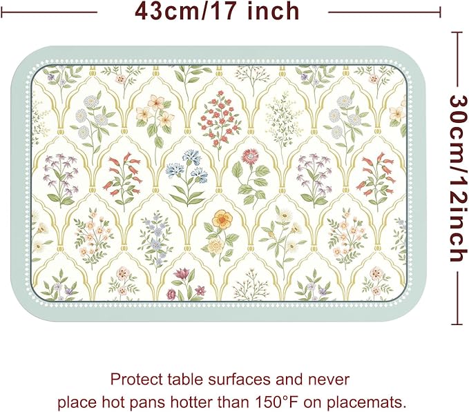 ISAENNE Vintage Floral PVC Placemats Set of 6,Colorful Flower Rectangle Place Mats, Waterproof and Heat-Resistant,Decoration for Kitchen,Dinning,Parties, Holiday,12"*17"