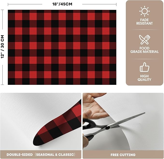 Artoid Mode Buffalo Plaid Vinyl Placemats Set of 4, 12x18 Inch Washable Non-Slip Heat Resistant Plastic Place Mats for Party Dining Table, Black/Red