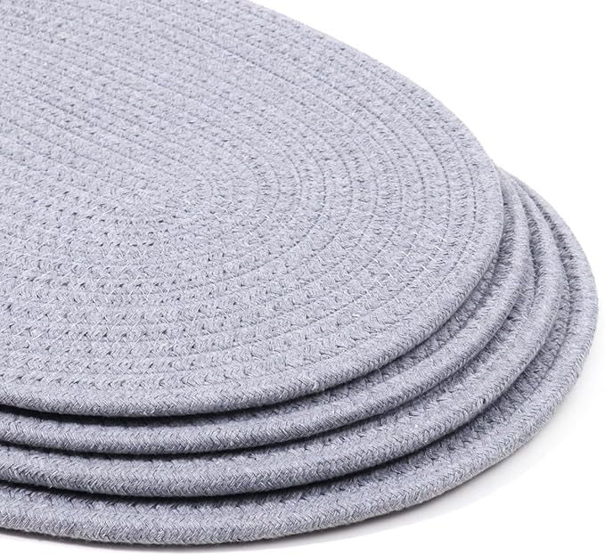 Braided Placemats Set of4 Cotton Fabric Oval Table Mats Non Slip Washable 16 * 12 inch Oval Place Mats, 4 Pack Grey Woven Placemats