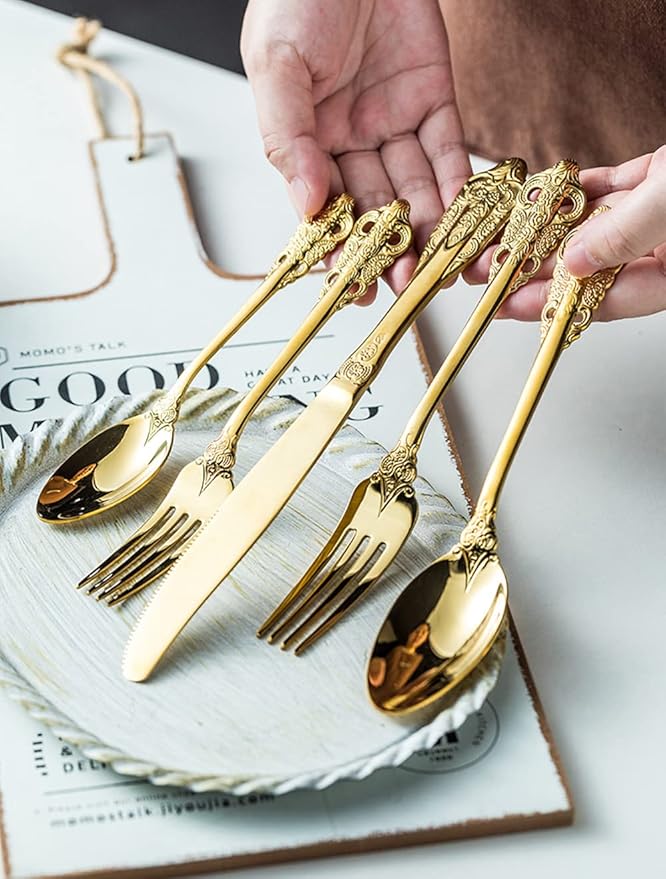 Gold Silverware Set for 10 Premium 18/10 Stainless Steel Flatware Set Palace Style 50 Piece Cutlery Tableware Utensils Embossed Decorative Handle Knives Forks and Spoons for Home Christmas Wedding
