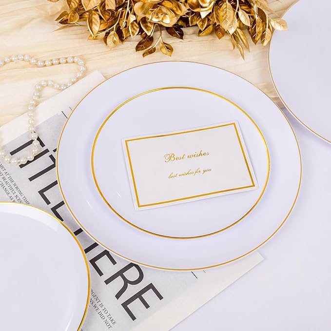 MirthMood 350Pcs White and Gold Dinnerware Set,Plastic plates Includes:50 Dinner Plates, 50 Dessert Plates, 150 Gold Plastic Cutlery,50 Paper Towels & 50 Cups for Party&Wedding