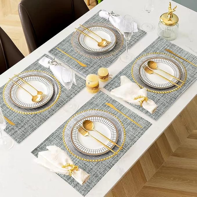DACHUI Placemats Set of 6, Linen Look Woven Place Mats, Water Resistant, Heat Resistant, Washable, Durable Table Mats (Light Grey)