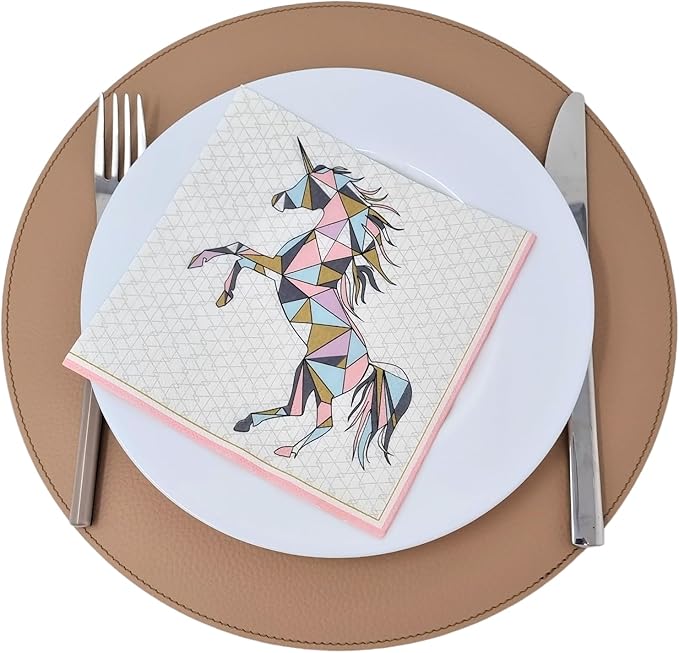 Nikalaz Round Placemats Set (Pack of 4) Recycled Leather Table Mats 15 inches, Kitchen Dining Table Decor by Nikalaz (Light Camel)