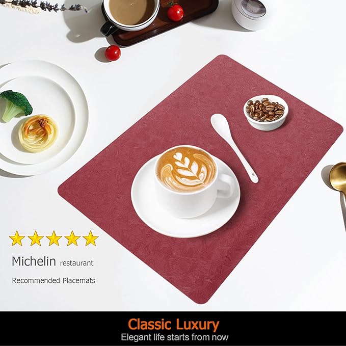 Vinyl Placemats Set of 12 Faux Leather 100% Waterproof Wipeable Washable Place Mats Heat Resistant Easy Clean Non-Slip Table Mats for Indoor Outdoor. (12,Red)