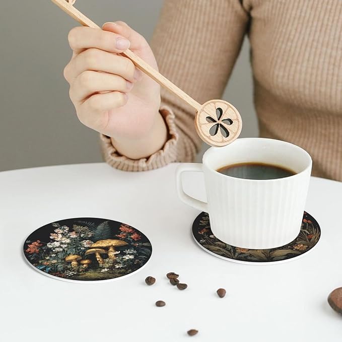 Mushroom Coasters for Drinks with Holder Round Leather Coasters Set of 6 Cups Mugs Mat Pad for Home Kitchen Bar